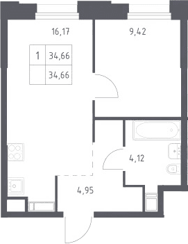 Планировка: 1-комнатная квартира 34,7 м² в ЖК «Тропарево Парк»