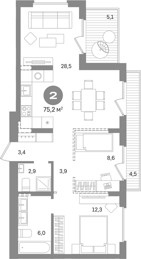 Планировка: 2-комнатная квартира 65,6 м² в ЖК «Первый квартал. Вторая очередь»