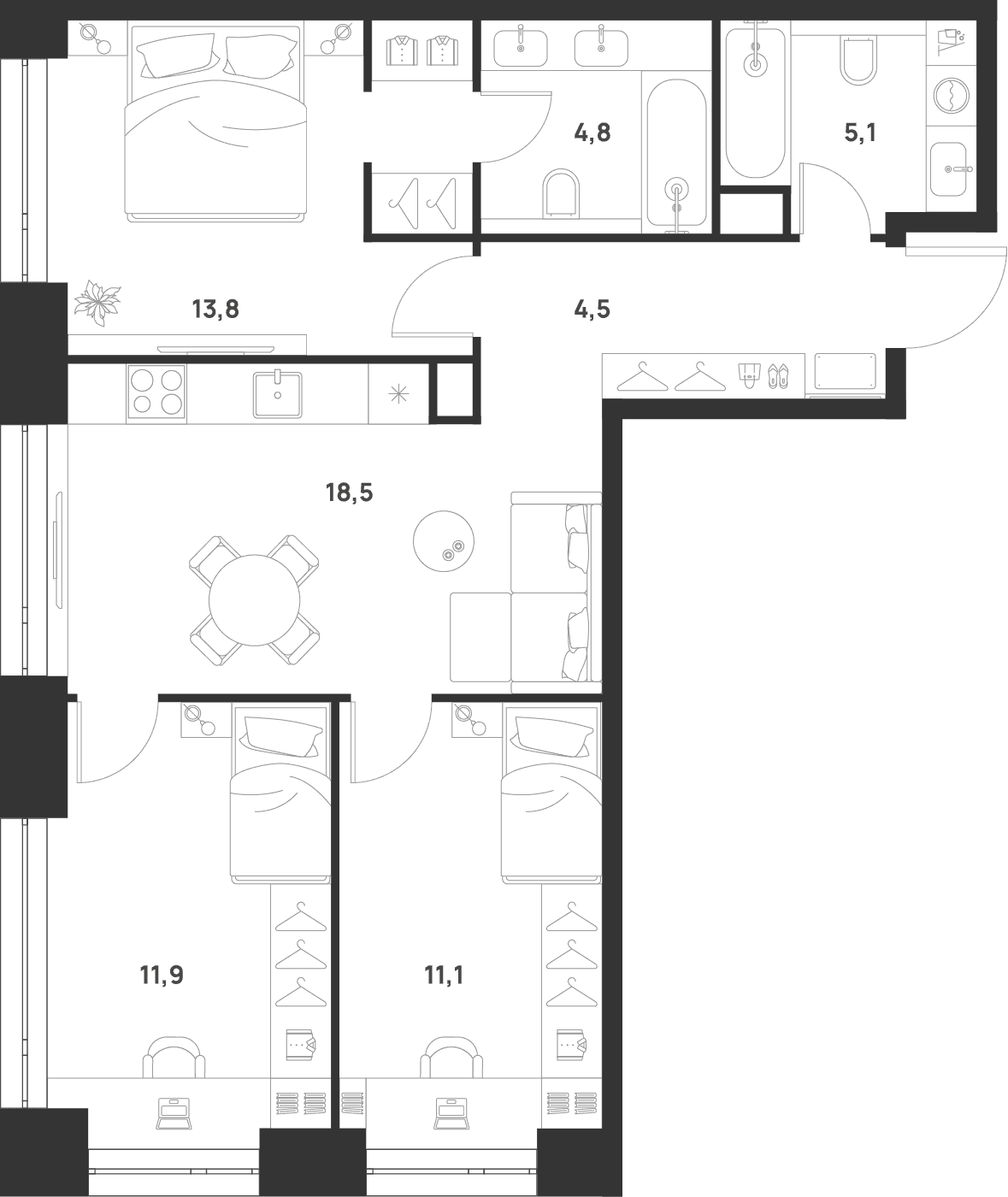 Планировка: 3-комнатная квартира 69,7 м² в ЖК «ВОЙС»