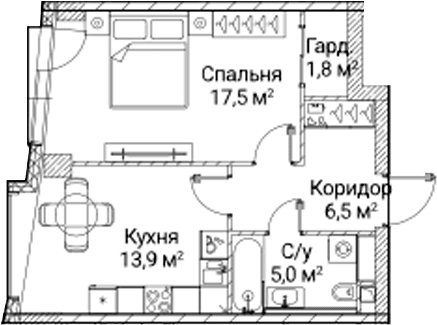 Планировка: 1-комнатная квартира 44,8 м² в ЖК «СЕЗАР БУДУЩЕЕ»