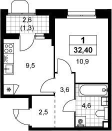Планировка: 1-комнатная квартира 31,1 м² в ЖК «Прокшино»