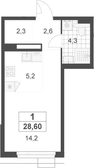 Планировка: Студия 28,6 м² в ЖК «Скандинавия»
