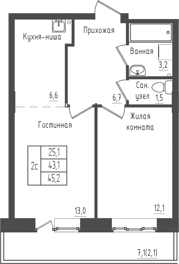 Планировка: 1-комнатная квартира 43,1 м² в ЖК «Зеленый город»