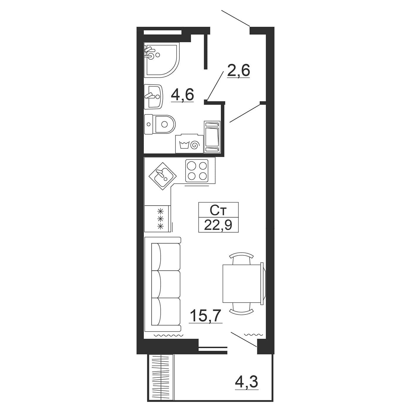 Планировка: Студия 22,9 м² в ЖК «Рубеж»
