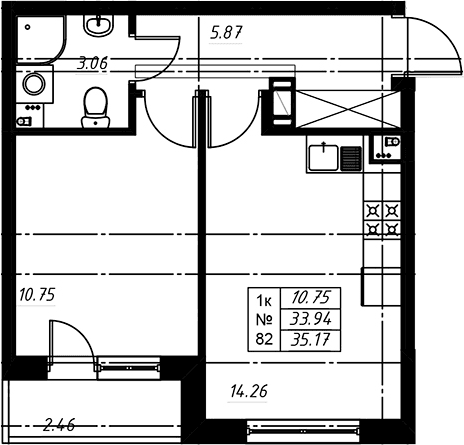 Планировка: Евродвушка 34,1 м² в ЖК «Огоньки»