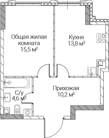 Планировка: 1-комнатная квартира 44,1 м² в ЖК «СЕЗАР СИЛИКА»