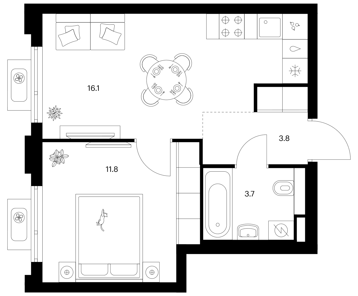 Планировка: 1-комнатная квартира 35,4 м² в ЖК «Белая Дача парк»