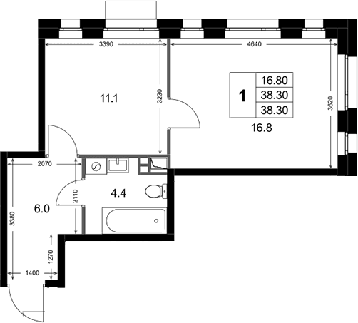 Планировка: 1-комнатная квартира 38,3 м² в ЖК «Кореневский Форт 2.3»