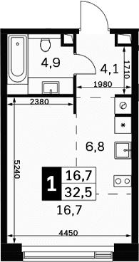 Планировка: Студия 32,5 м² в ЖК «Амбер Сити»