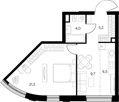 Планировка: Евродвушка 46,7 м² в ЖК «Адмирал»