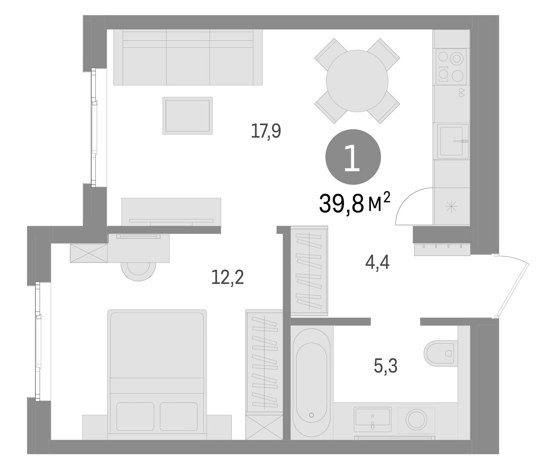 Планировка: Евродвушка 39,9 м² в ЖК «Брусника в Новоселье»