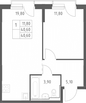 Планировка: Евродвушка 40,6 м² в ЖК «Химки Парк»