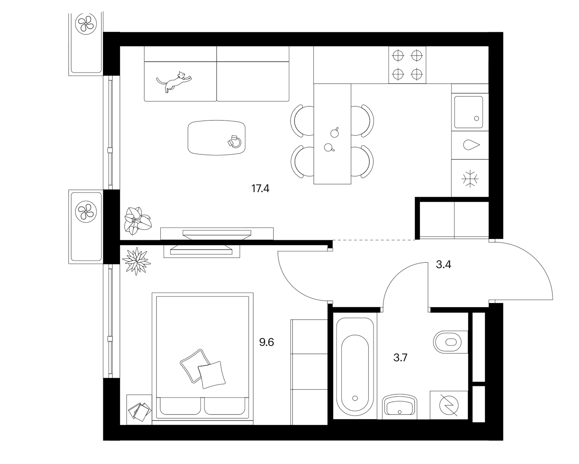 Планировка: 1-комнатная квартира 34,1 м² в ЖК «Белая Дача парк»