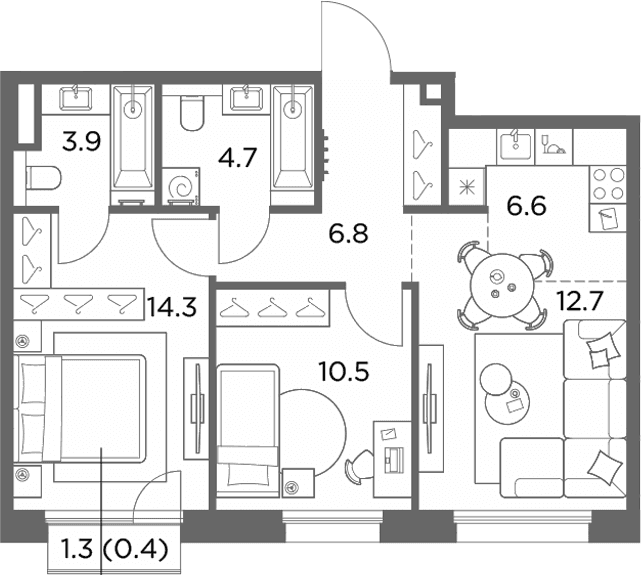 Планировка: Евротрёшка 59,5 м² в ЖК «Станиславский»