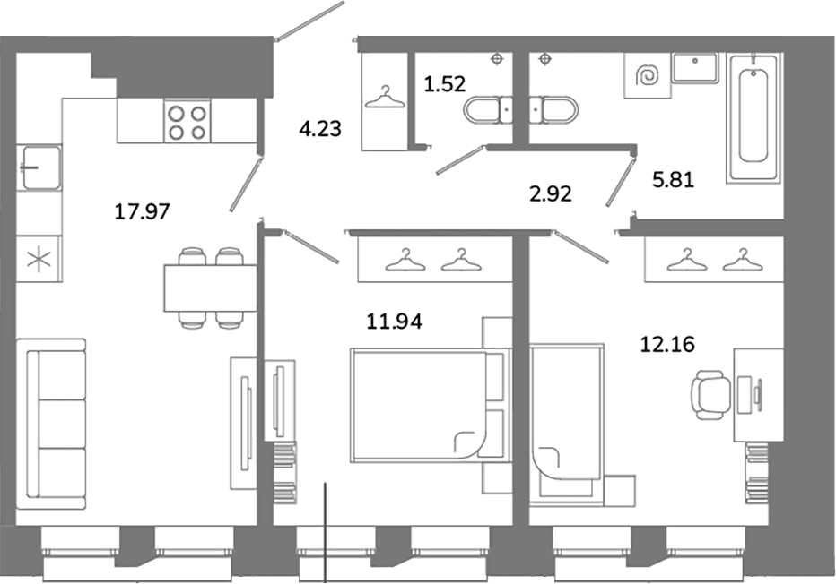 Планировка: Евротрёшка 56,6 м² в ЖК «Твой Космос»