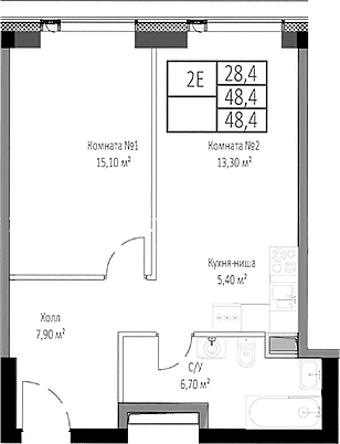 Планировка: Евродвушка 48,4 м² в ЖК «Мираполис»
