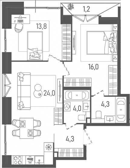 Планировка: Евротрёшка 66,4 м² в ЖК «ТАТУМ»