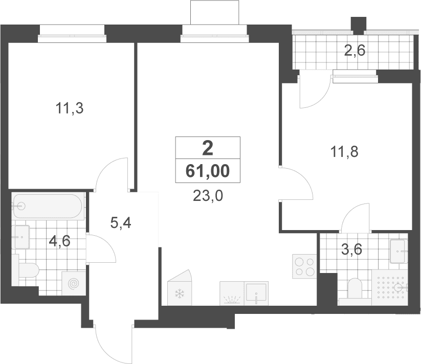 Планировка: Евротрёшка 59,7 м² в ЖК «Деснаречье»