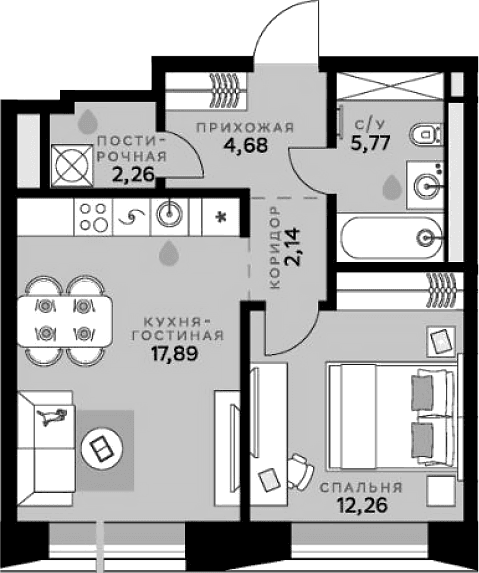 Планировка: Евродвушка 45 м² в ЖК «СберСити»