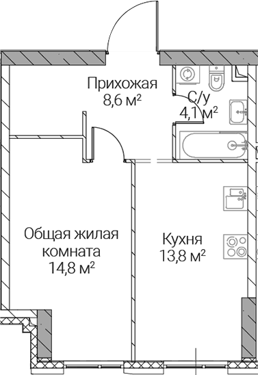 Планировка: 1-комнатная квартира 41,3 м² в ЖК «СЕЗАР СИЛИКА»