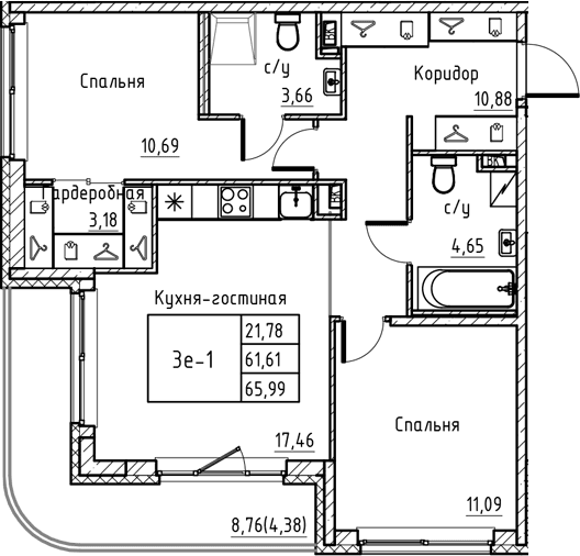 Планировка: Евротрёшка 61,6 м² в ЖК «Энфилд»