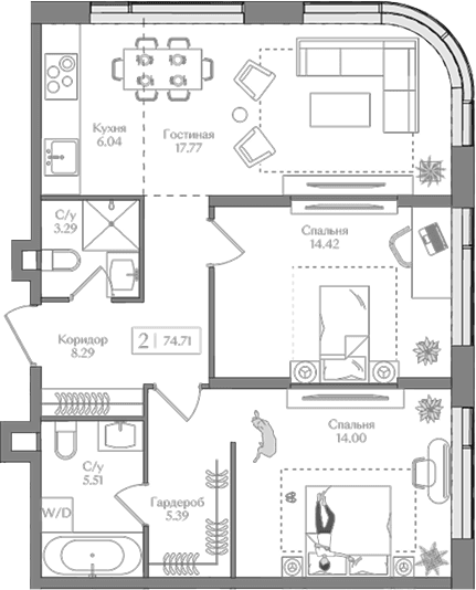 Планировка: Евротрёшка 74,7 м² в ЖК «Преображенская площадь»