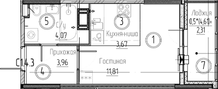 Планировка: Студия 23,5 м² в ЖК «Аквилон Верба»