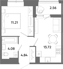 Планировка: Евродвушка 33,9 м² в ЖК «Загляденье»
