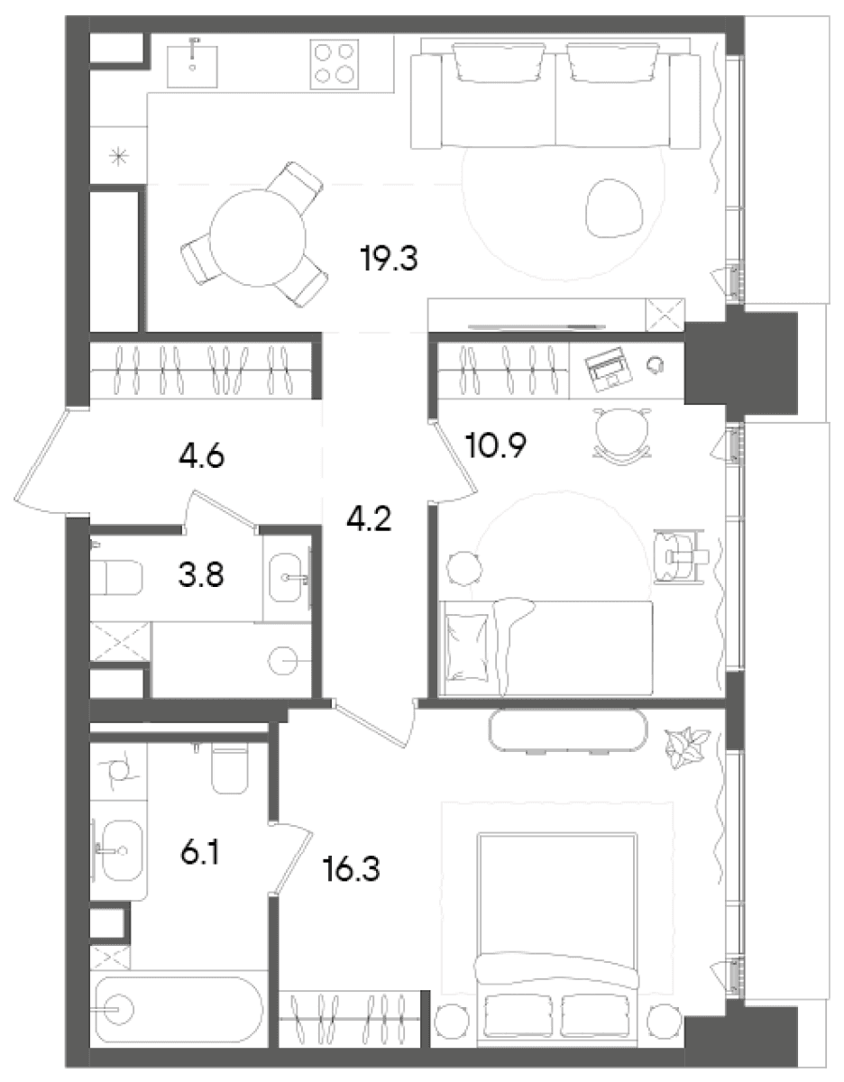 Планировка: Евротрёшка 65,1 м² в ЖК «СТОУН Грэйн»