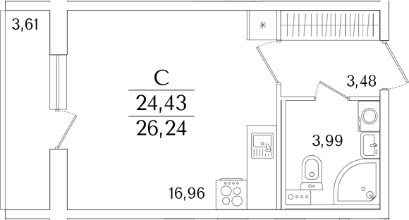 Планировка: Студия 24,4 м² в ЖК «Кинопарк»