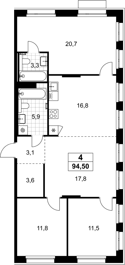 Планировка: Квартира евро-4 94,5 м² в ЖК «Хольм»