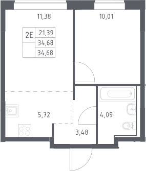 Планировка: Евродвушка 34,7 м² в ЖК «Прибрежный Парк»