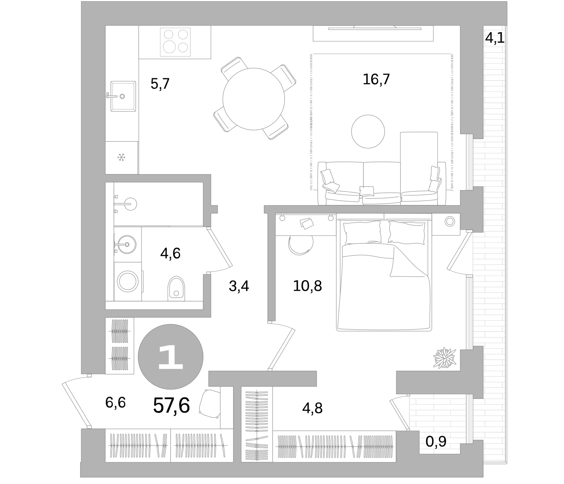 Планировка: 1-комнатная квартира 52,6 м² в ЖК «Северный ветер»