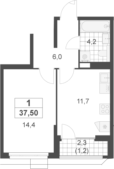 Планировка: 1-комнатная квартира 36,3 м² в ЖК «Скандинавия»