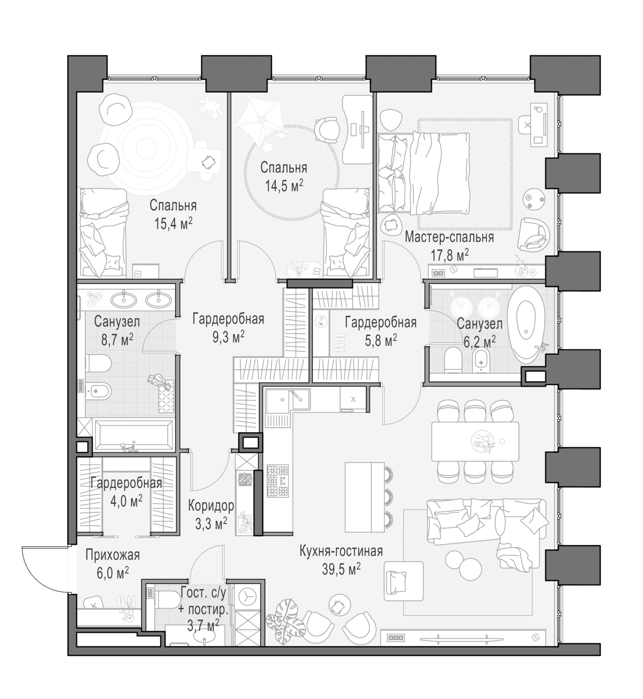 Планировка: Квартира евро-4 135,4 м² в ЖК «Квартал Life Time»