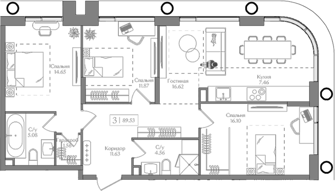 Планировка: Квартира евро-4 89,5 м² в ЖК «Преображенская площадь»
