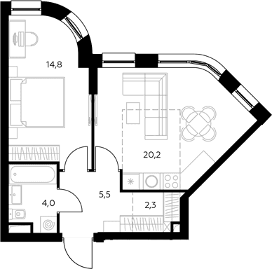 Планировка: Евродвушка 48,4 м² в ЖК «Адмирал»