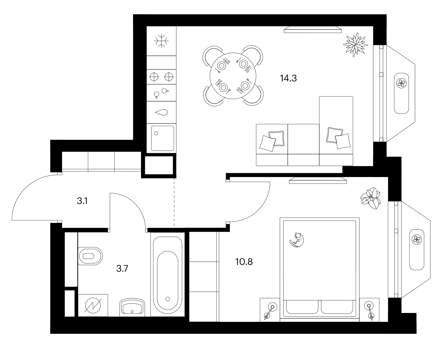 Планировка: 1-комнатная квартира 31,9 м² в ЖК «Зеленый парк»