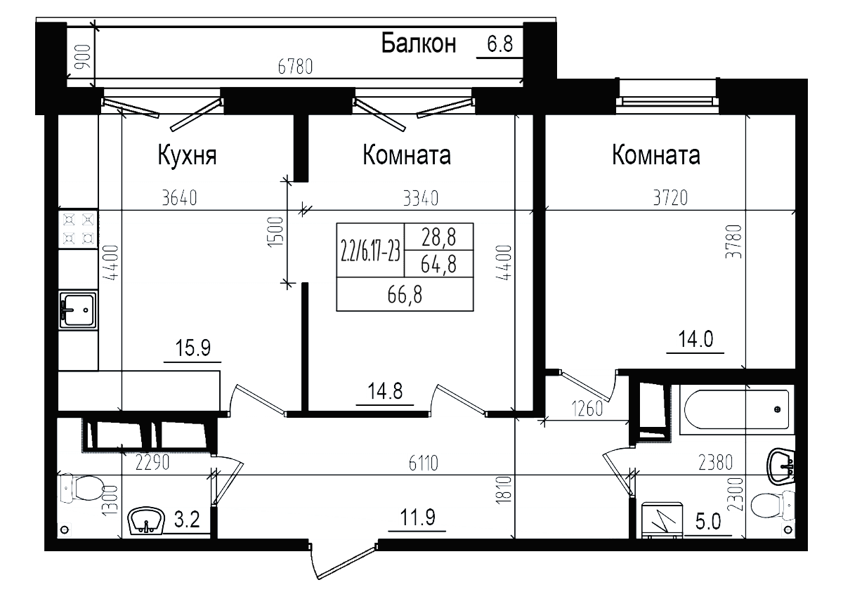 Планировка: Евротрёшка 64,8 м² в ЖК «Прагма Сити»