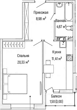 Планировка: 1-комнатная квартира 45,6 м² в ЖК «Рига Хиллс»