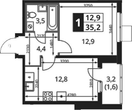 Планировка: 1-комнатная квартира 34 м² в ЖК «1-й Ясеневский»