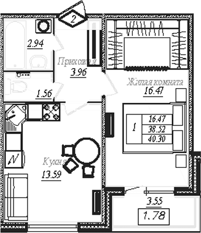 Планировка: 1-комнатная квартира 38,5 м² в ЖК «АРО»