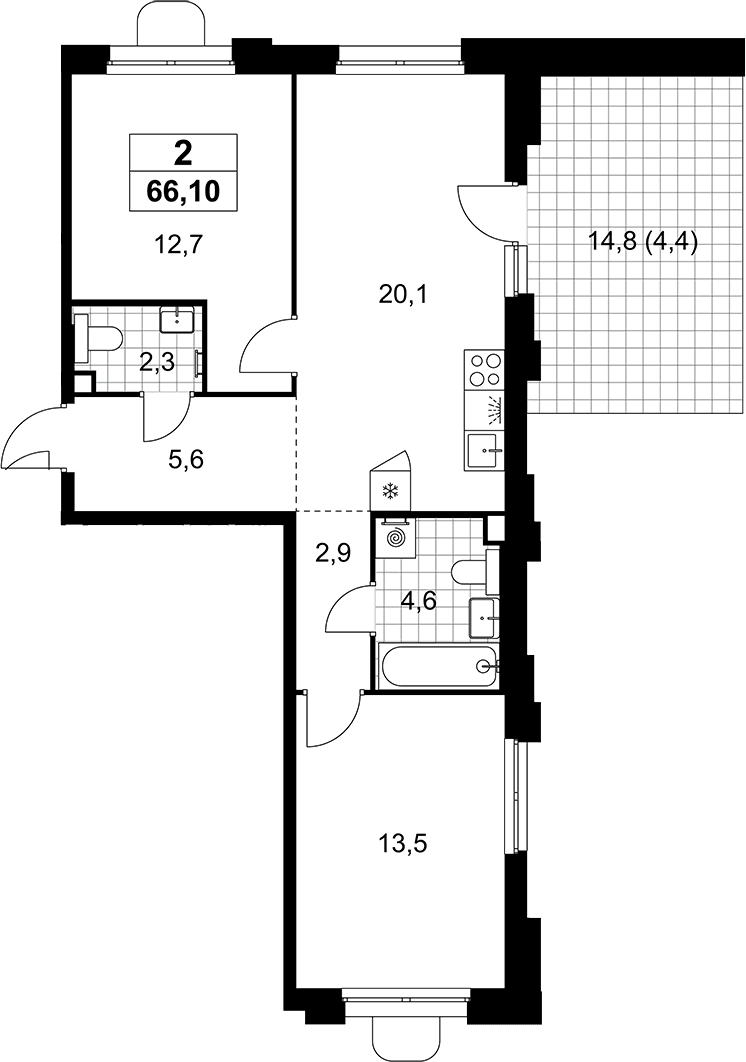 Планировка: Евротрёшка 61,7 м² в ЖК «Прокшино»