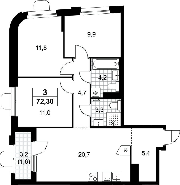 Планировка: Квартира евро-4 70,7 м² в ЖК «Прокшино»