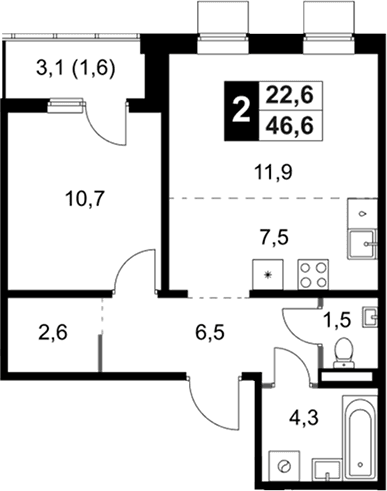 Планировка: Евродвушка 45 м² в ЖК «1-й Ясеневский»