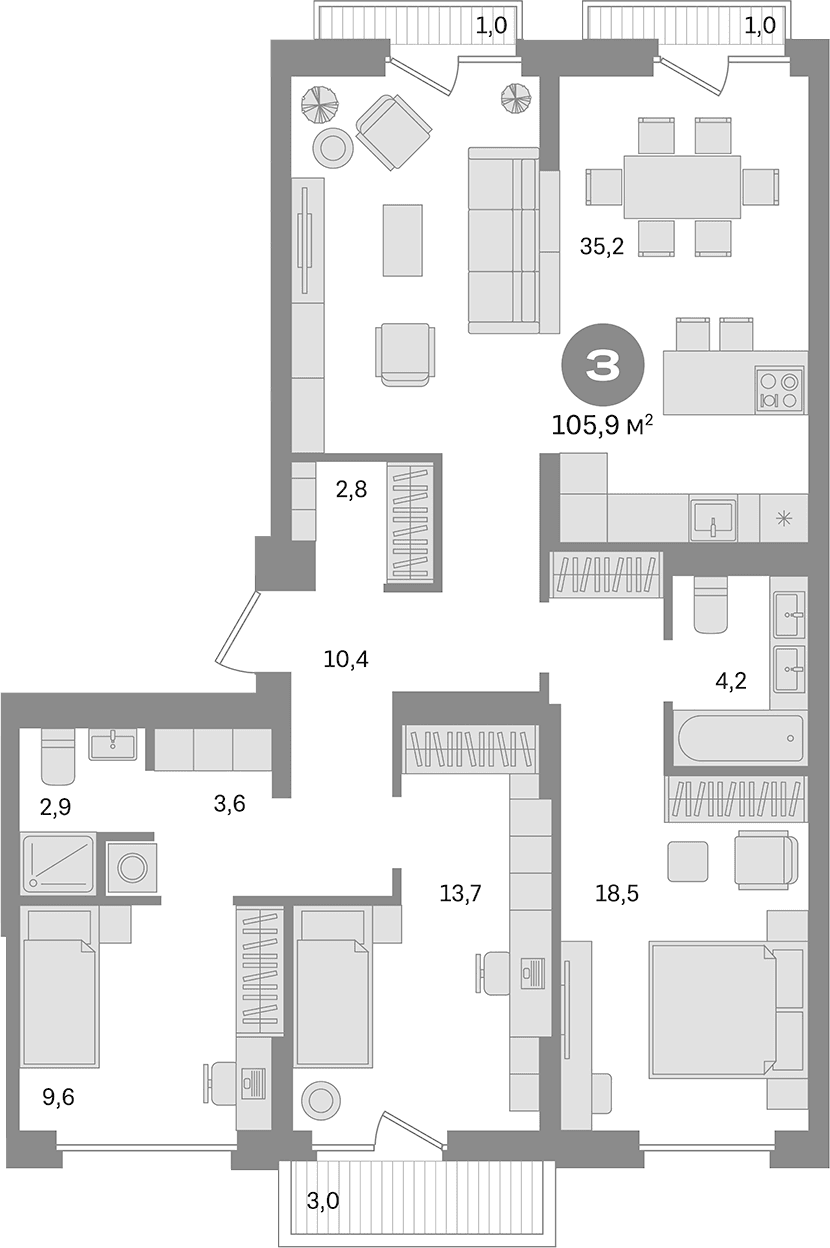 Планировка: 3-комнатная квартира 100,9 м² в ЖК «Первый квартал. Вторая очередь»