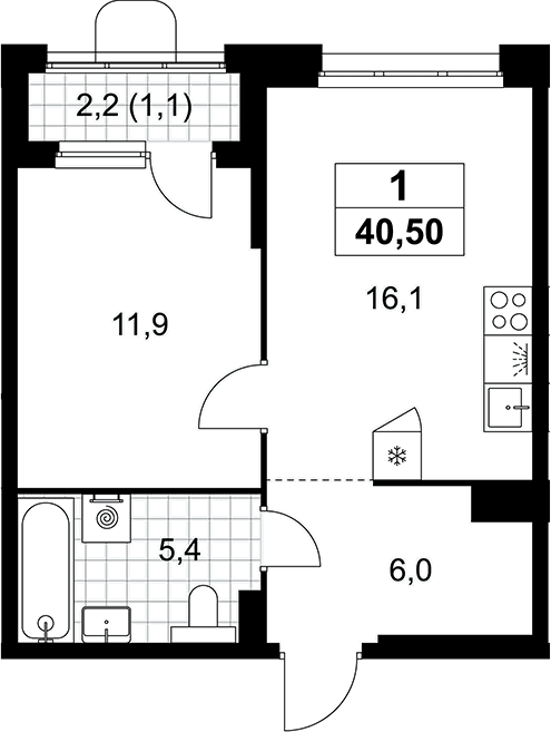 Планировка: Евродвушка 39,4 м² в ЖК «Прокшино»