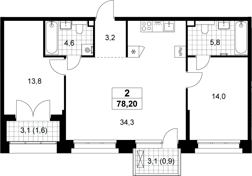 Планировка: Евротрёшка 75,7 м² в ЖК «Хольм»