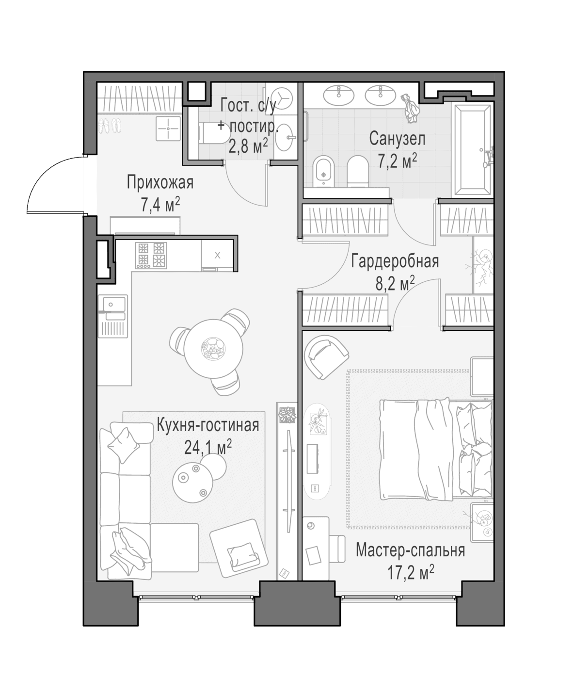 Планировка: Евродвушка 67,5 м² в ЖК «Квартал Life Time»