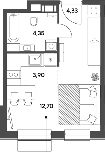 Планировка: Студия 25,3 м² в ЖК «Публицист»